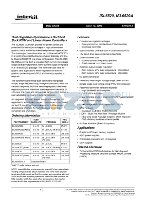 ISL6529EVAL1 datasheet - Dual Regulator.Synchronous Rectified Buck PWM and Linear Power Controller