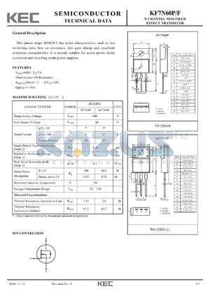 KF7N60F datasheet - N CHANNEL MOS FIELD EFFECT TRANSISTOR