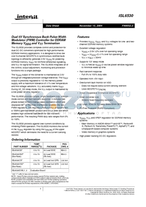 ISL6530CRZ-T datasheet - Dual 5V Synchronous Buck Pulse-Width Modulator (PWM) Controller for DDRAM Memory VDDQ and VTT Termination