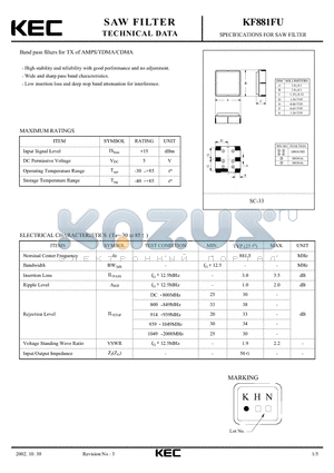KF881FU datasheet - SPECIFICATIONS FOR SAW FILTER(BAND PASS FILTERS FOR TX OF AMPS/TDMA/CDMA)