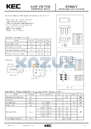 KF886V datasheet - SPECIFICATIONS FOR SAW FILTER(BAND PASS FILTERS FOR RF CIRCUITS OF CORDLESS PHONE(CT-1)