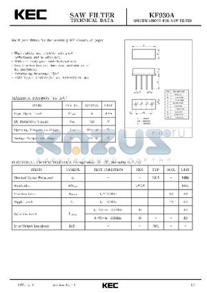 KF930AS datasheet - SPECIFICATIONS FOR SAW FILTER(BAND PASS FILTERS FOR THE RECEIVING RF CIRCUITS OF PAGER)