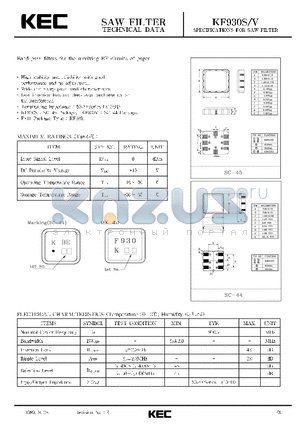 KF930V datasheet - SPECIFICATIONS FOR SAW FILTER(BAND PASS FILTERS FOR THE RECEIVING RF CIRCUITS OF PAGER)