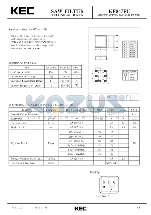 KF947FU datasheet - SPECIFICATIONS FOR SAW FILTER(BAND PASS FILTERS FOR RX OF EGSM)