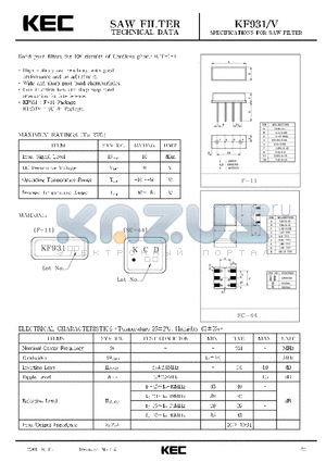 KF931 datasheet - SPECIFICATIONS FOR SAW FILTER(BAND PASS FILTERS FOR RF CIRCUITS OF CORDLESS PHONE(CT-1)