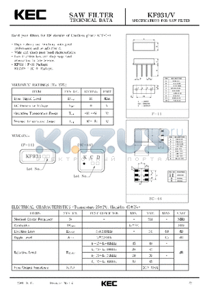 KF931V datasheet - SPECIFICATIONS FOR SAW FILTER(BAND PASS FILTERS FOR RF CIRCUITS OF CORDLESS PHONE(CT-1)