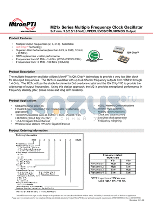 M212028S1N datasheet - Multiple Frequency Clock Oscillator 5x7 mm, 3.3/2.5/1.8 Volt, LVPECL/LVDS/CML/HCMOS Output