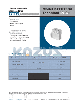 KFF6193A datasheet - Ceramic Monoblock Bandpass Filter