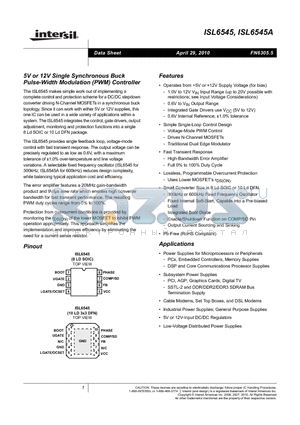 ISL6545IBZ datasheet - 5V or 12V Single Synchronous Buck Pulse-Width Modulation PWM Controller