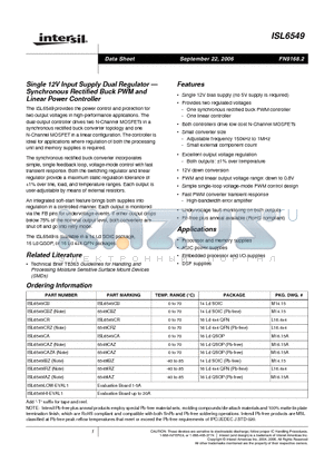 ISL6549CBZ datasheet - Single 12V Input Supply Dual Regulator Synchronous Rectified Buck PWM and Linear Power Controller