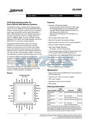 ISL6548CRZA datasheet - ACPI Regulator/Controller for Dual Channel DDR Memory Systems