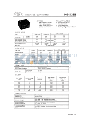 HG4138B/005-1Z01B datasheet - Miniature PCB / QC Power Relay