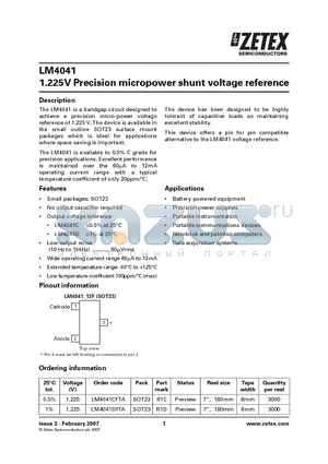 LM4041DFTA datasheet - 1.225V Precision micropower shunt voltage reference