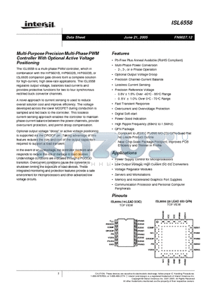 ISL6558CB datasheet - Multi-Purpose Precision Multi-Phase PWM Controller With Optional Active Voltage Positioning