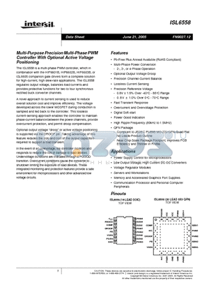 ISL6558IRZA-T datasheet - Multi-Purpose Precision Multi-Phase PWM Controller With Optional Active Voltage Positioning