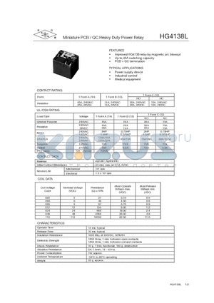 HG4138L/005-1H01F datasheet - Miniature PCB / QC Heavy Duty Power Relay