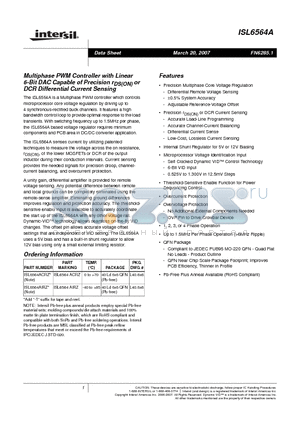 ISL6564A datasheet - Multiphase PWM Controller with Linear 6-Bit DAC Capable of Precision rDS(ON) or DCR Differential Current Sensing