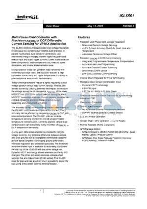 ISL6561IR datasheet - Multi-Phase PWM Controller with Precision Rds(on) or DCR Differential Current Sensing for VR10.X Application