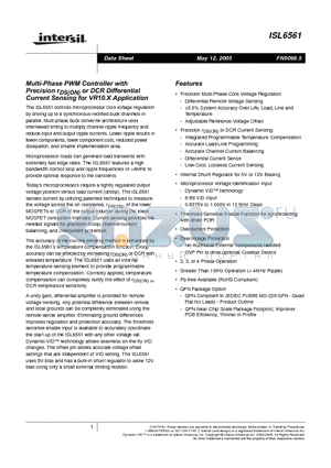 ISL6561CR datasheet - Multi-Phase PWM Controller with Precision Rds(on) or DCR Differential Current Sensing for VR10.X Application