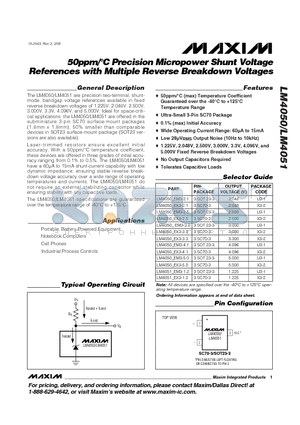 LM4050 datasheet - 50ppm/`C Precision Micropower Shunt Voltage References with Multiple Reverse Breakdown Voltages
