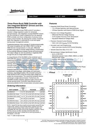 ISL6566ACR datasheet - Three-Phase Buck PWM Controller with Two Integrated MOSFET Drivers and One External Driver Signal