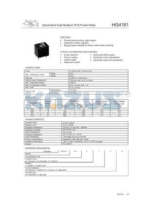 HG4181 datasheet - Automotive Subminiature PCB Power Relay