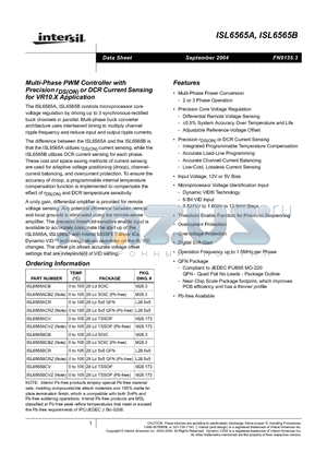 ISL6565 datasheet - Multi-Phase PWM Controller with Precision rDS(ON) or DCR Current Sensing for VR10.X Application