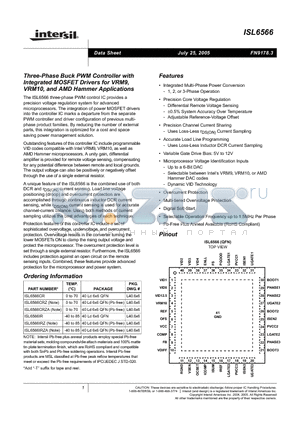 ISL6566CR-T datasheet - Three-Phase Buck PWM Controller with Integrated MOSFET Drivers for VRM9, VRM10, and AMD Hammer Applications