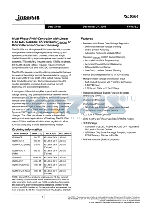ISL6564 datasheet - Multi-Phase PWM Controller with Linear 6-bit DAC Capable of Precision rDS(ON) or DCR Differential Current Sensing