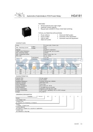 HG4181012-H1CG datasheet - Automotive Subminiature PCB Power Relay