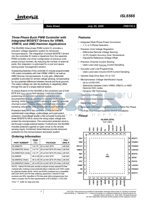 ISL6566CRZ datasheet - Three-Phase Buck PWM Controller with Integrated MOSFET Drivers for VRM9, VRM10, and AMD Hammer Applications