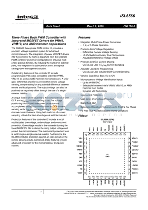 ISL6566CRZA-TR5184 datasheet - Three-Phase Buck PWM Controller with Integrated MOSFET Drivers for VRM9, VRM10, and AMD Hammer Applications