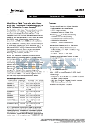 ISL6564CRZ datasheet - Multi-Phase PWM Controller with Linear 6-bit DAC Capable of Precision rDS(ON) or DCR Differential Current Sensing