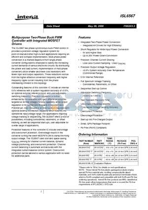 ISL6567IRZ-T datasheet - Multipurpose Two-Phase Buck PWM Controller with Integrated MOSFET Drivers