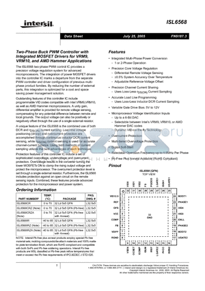 ISL6568CR-T datasheet - Two-Phase Buck PWM Controller with Integrated MOSFET Drivers for VRM9, VRM10, and AMD Hammer Applications