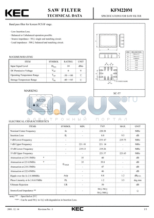 KFM220M datasheet - SPECIFICATIONS FOR SAW FILTER(BAND PASS FILTERS FOR KOREAN PCS IF STAGE)