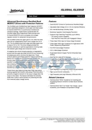 ISL6594ACB datasheet - Advanced Synchronous Rectified Buck MOSFET Drivers with Protection Features