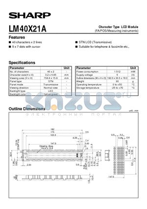 LM40X21 datasheet - Character Type LCD Module(FA/POS/Measuring instruments)