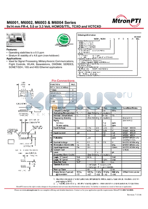 M60011KFCK-R datasheet - 9x14 mm FR-4, 5.0 or 3.3 Volt, HCMOS/TTL, TCXO and VCTCXO