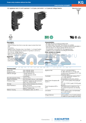 KG16.5101.151 datasheet - IEC Appliance Inlet C14 with Fuseholder 1- or 2-pole, Line Switch 1- or 2-pole and Voltage Selector