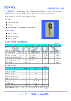 OHE940CA datasheet - INFRARED EMITTING DIODES