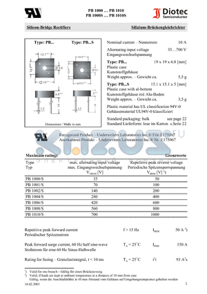 PB1001 datasheet - Silicon-Bridge Rectifiers