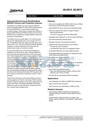 ISL6612EIBZ datasheet - Advanced Synchronous Rectified Buck MOSFET Drivers with Protection Features