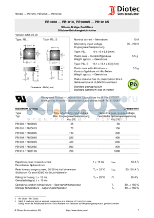 PB1001 datasheet - Silicon-Bridge-Rectifiers Silizium-Br-kengleichrichter