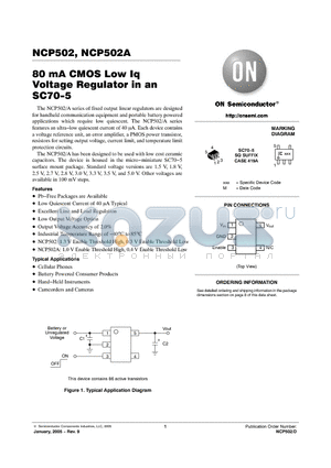 NCP502 datasheet - 80 mA CMOS Low Iq Voltage Regulator in an SC70−5