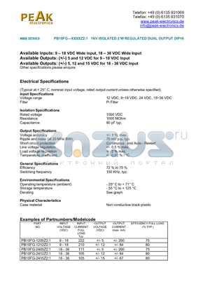 PB10FG-1205Z21 datasheet - 1KV ISOLATED 2 W REGULATED DUAL OUTPUT DIP16