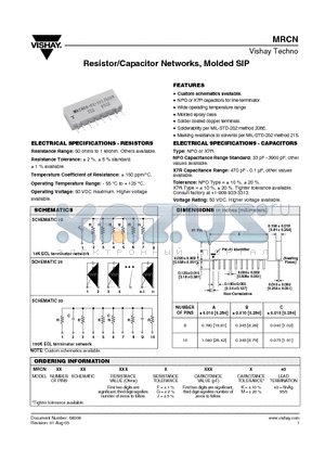 MRCN1020XXXGXXXKE3 datasheet - Resistor/Capacitor Networks, Molded SIP