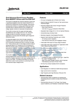 ISL6614AIR datasheet - Dual Advanced Synchronous Rectified Buck MOSFET Drivers with Pre-POR OVP