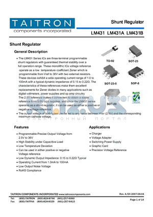 LM431A datasheet - Shunt Regulator