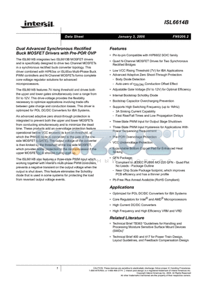 ISL6614B datasheet - Dual Advanced Synchronous Rectified Buck MOSFET Drivers with Pre-POR OVP